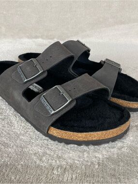 Birkenstock Arizona Shearling Sandals Mens Size 11 EU 44 Black Slide Lined NEW